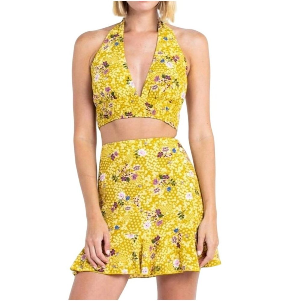 Skylar + Madison Yellow Floral Halter Mini Dress
